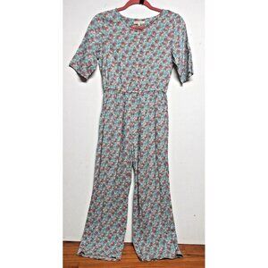 Womens Jumpsuit Floral ditsy dainty Sz S/M/L short sleeve gray orange pink rayon